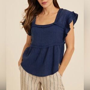 Maurice’s Eyelet Blue Bell Short Sleeve Square Neck Cotton Top Women  Medium New
